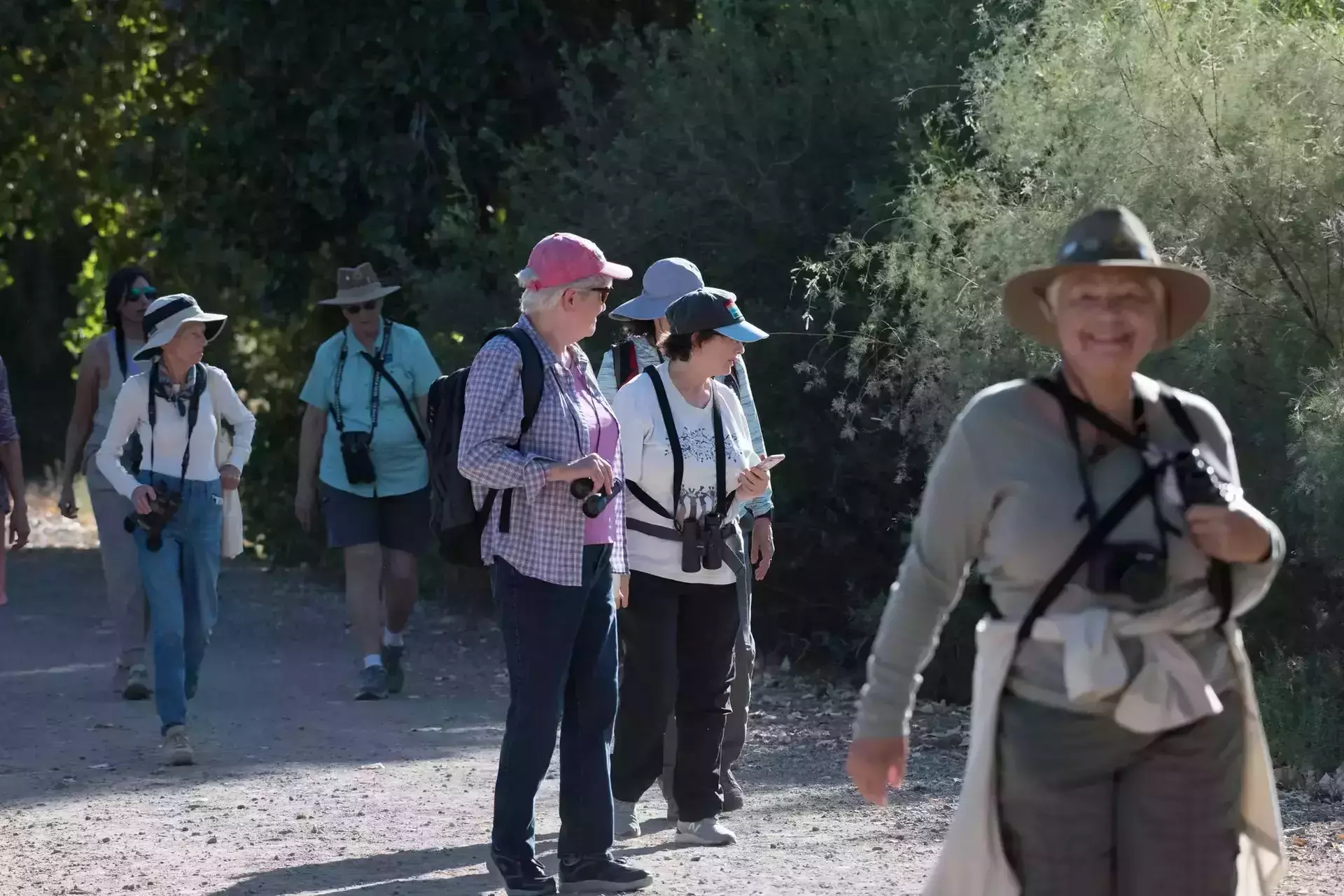 Friends share a memorable bird-watching adventure, equipped with binoculars and field guides from our mobile bookstore.